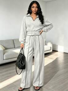 RNU Women's Light Gray Lapel Half-Zip Sweatshirt 2 Pieces Set, Autumn/Winter Style, Cropped Waist Top With Contrast Color Drawstring Wide Leg Pants, Side Pockets Design, Loose Lantern Sleeves, Casual American Style, Comfortable For Daily Wear, Shopping And Home - Light Grey - View 3