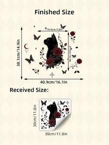 1pc Gothic Black Cat And Red Rose Wall Sticker, Dark Floral And Moon Butterfly Wall Decal, Removable Vinyl Decor For Bedroom And Living Room - D - View 5