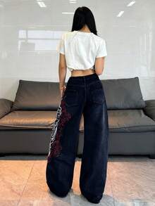 1pc Women's Loose Fit Embroidered Wide Leg Jeans, Comfortable Casual High Street Versatile Denim Pants (Belt/Accessories Not Included) Spring Fall - Dark Wash - View 11