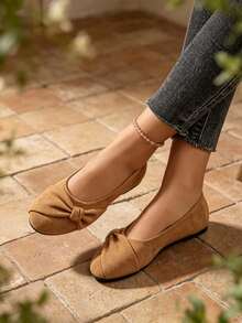 New All-Season Vintage Khaki Knot Decor Shallow Flat Ballet Shoes For Women, Soft Round Toe, Versatile Soft Sole Daily Commute And Travel Shoes - Khaki - View 3