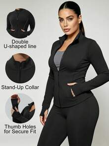 Women's Plus Size Sports Jacket, Solid Color Front Zipper With Pockets Sports Jacket, Long Sleeve Casual Lightweight Jacket, Casual Sports Lightweight - Black - View 2