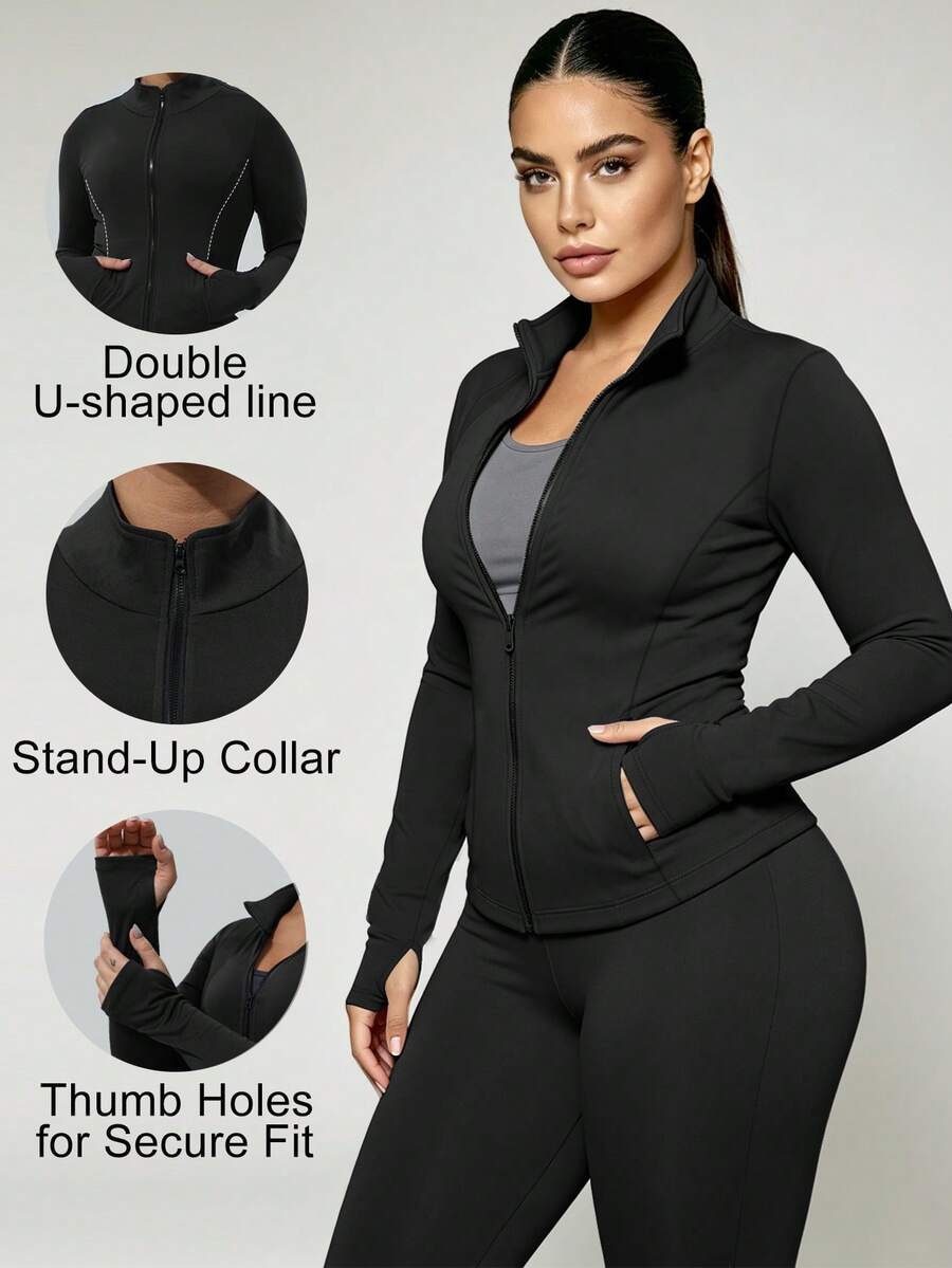 Women's Plus Size Sports Jacket, Solid Color Front Zipper With Pockets Sports Jacket, Long Sleeve Casual Lightweight Jacket, Casual Sports Lightweight