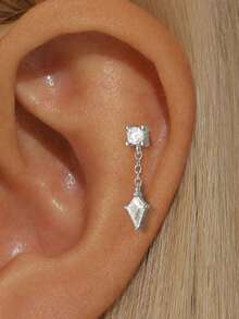 EleRunis 1pc 925 Sterling Silver Star Shaped Ear Cartilage Earring Chain Pendant Oval Shaped Ear Stud Exquisite Jewelry, Suitable For Daily Wear And Party - Silver - View 14