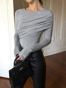Casual Elegant Y2K Autumn/Winter Cold Shoulder Pleated Bodysuit, Round Neck 2-In-1 Slim Fit Long Sleeve Bodysuit For Outing And Party - Grey - View 4