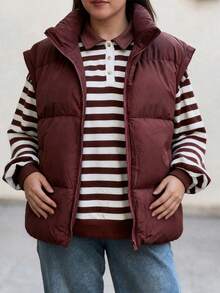 Women's Solid Color Zipper Pocket Padded Vest, Stand Collar Commuter Jacket Fall - Burgundy - View 4