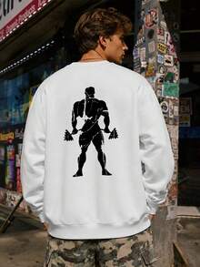 Vintage Bodybuilder Silhouette Print Crew Neck Sweatshirt, Men's Long Sleeve Loose Fit Pullover Sports White Sweatshirt - White - View 4