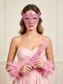 Adult Makeup Party Accessory Set, Hollow Sequin Half-Face Mask, Fluffy Feather Cuffs, Decorative Sword, Suitable For Halloween Stage Performances - Multicolor - View 2