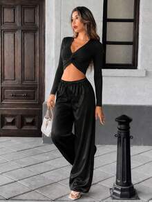 Jotten Glossy Satin Wide Leg Casual Pants, High Waist Draped Loose Floor Length Straight Leg Trousers, Smooth Shiny Slouchy Versatile Solid Color Long Pants 1pc - Black - View 5