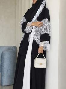 Hafizah Black Contrast Lace Trim Patchwork Long Sleeve Robe For Women, Stand Collar Waist-Cinching Slimming Elegant Long Dress, Formal Occasions Fall - Black - View 5