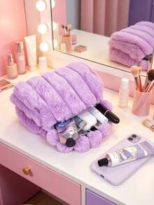 2/1pc Plush Handheld Makeup Bag, Large‑Capacity Cosmetic Storage Pouch, Soft Fuzzy Portable Travel Bag, Simple Casual Daily Carry Handbag For Autumn Winter, Multi‑Purpose Women's Storage Hand Pouch For Outing Travel Use - Multicolor - View 5