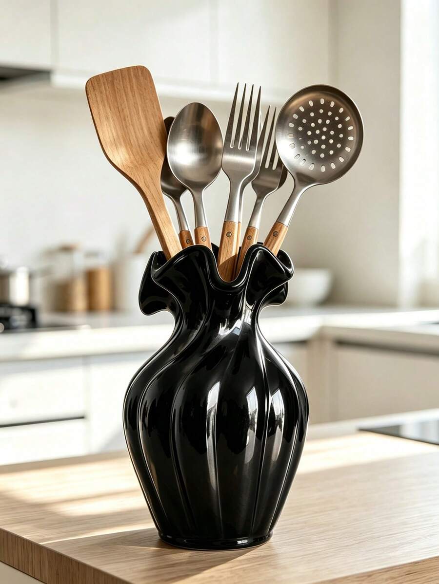 Ruffled Edge Striped Storage Pot, Multifunctional Kitchen Cutlery Holder, Simple Solid Color Desktop Organizer, Modern Tabletop Home Decor Ornament - Wavy-mouth Vase - View 1