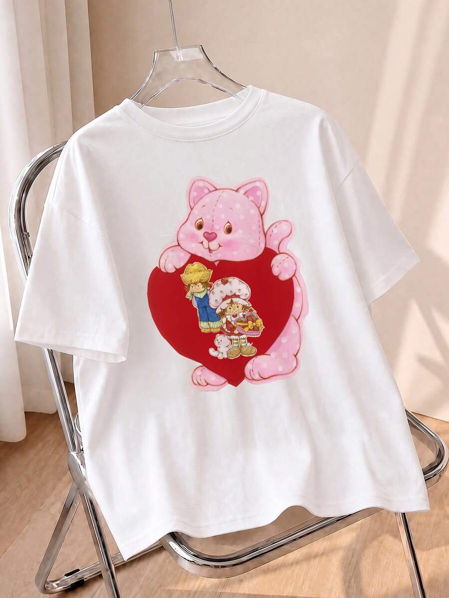 Áo thun nữ mùa hè, họa tiết mèo và trái tim dễ thương, dáng rộng phong cách thường ngày, phù hợp cho vẻ ngoài ngọt ngào hàng ngày, màu trắng - trắng - Xem 1