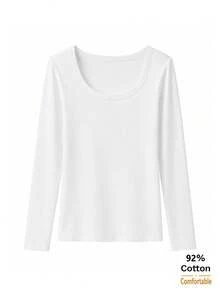 Women's Long Sleeve T-Shirt, White Large U-Neck Top, Versatile Autumn/Winter Slimming Solid Color Inner Layer Base Shirt - White - View 4