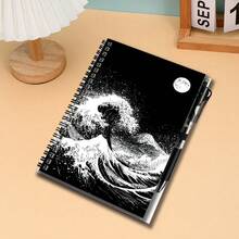 1 Set Japanese Ukiyo-E Style 2D Spiral Coil Notebook And Pen Set, Black And White Wave And Moon Artistic Collision. Great Helper For Work And Study, Suitable For Diary, Daily Planning And Memo. Premium Gift Choice For Graduation, Birthday And Other Occasions, Inspiring Writing And Beautiful Daily Life, Accompanying You To Start Every Moment Of Recording. - 1 Book + 1 Pen - View 6