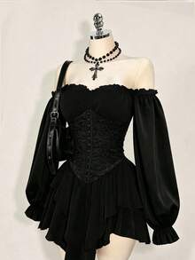 Solid Color Elegant Lace Patchwork Zipper Wedding Women's Black Gothic Lace Dress, Suitable For Halloween, Christmas Party And Witch Theme Cosplay Events - Black - View 4