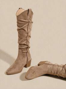 New Pointed Toe Chunky Heel Knee-High Boots Women Vintage Western Cowboy Riding Boots - Brown - View 2
