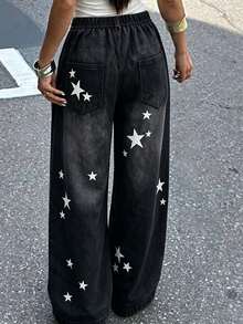 Lurzo Girls Y2K Retro Loose Fit Denim Effect Wide Leg Pants, Star Print & Faux Pocket Design, Y2K Street Style, Suitable For Daily Wear - Black - View 3