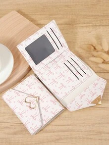 Dompet Wanita Multifungsi Minimalis Kasual dengan Motif Pita, Dompet Multifungsi dengan Dekorasi Hati Logam, Dompet Lipat Tiga untuk Wanita - Putih - View 9