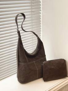 Dedoo Women's Suede-Like Hobo Shoulder Bag Set, Solid Color Vintage Matte PU, Contrast Stitching, Adjustable Strap, Large Capacity, Suitable For Autumn/Winter Student Daily Commute - Coffee - View 8