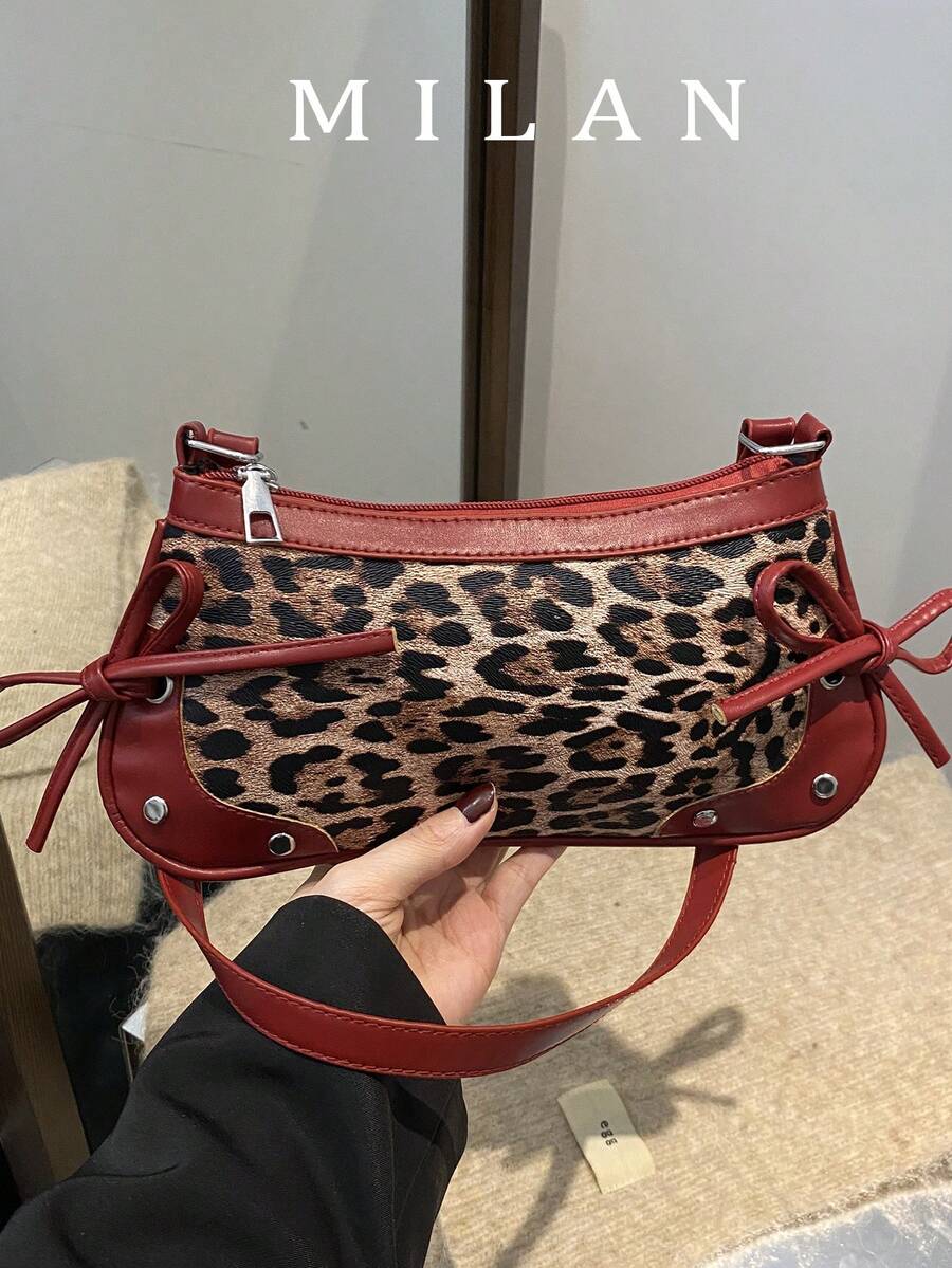1pc Vintage Bowknot Decor Shoulder Bag/Underarm Baguette Bag, Suitable For Dating, Outing, Party And Other Occasions, Fashionable Women's Bowknot Wallet. Leopard Print Position Random