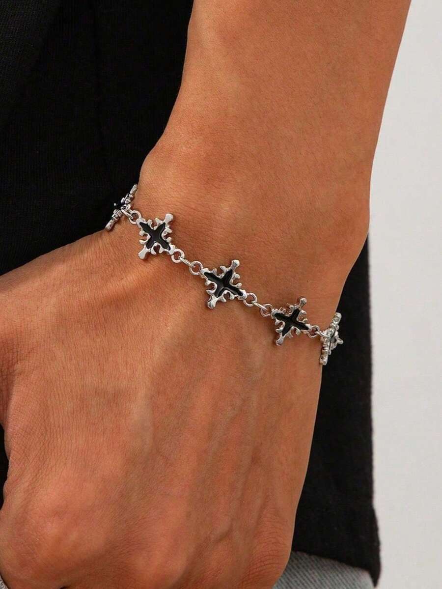 1pc Gothic Halloween Theme Cross Bracelet, Distressed Silver & Black Drip Oil Design, Theme Party Daily Streetwear Layering Cool Accessory - White K - View 1