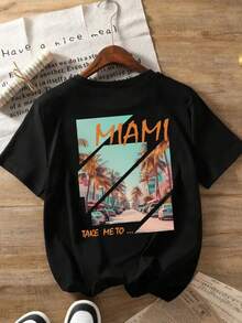Miami-Style Beach Vacation Print T-Shirt, Short Sleeve, Crew Neck, Casual Top For Summer And Spring, Women's Clothing - Black - View 1