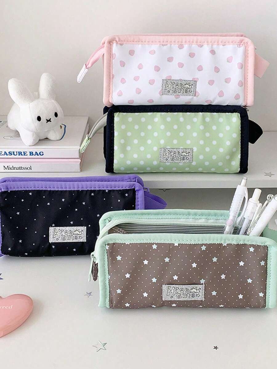 Cute Strawberry Star Transparent Window Stationery Bag, Aesthetic Multi-Layer Pencil Case, Large Capacity Zipper Stationery Storage Pouch, Back To School Supplies - Multicolor - View 1