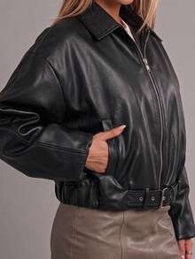 Women's Buckle Leather Oversize Relax Fit Cut Jacket - Black - View 4