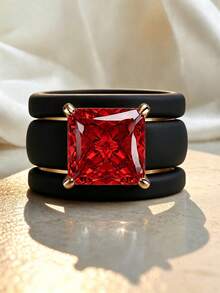 3PCS Large Red Square Cut Synthetic Zirconia Black Silicone Ring Set, Suitable For Daily Wear, Weddings, Valentine's Day, Anniversaries, And Gifts - Black Silicone - Red Square - View 11