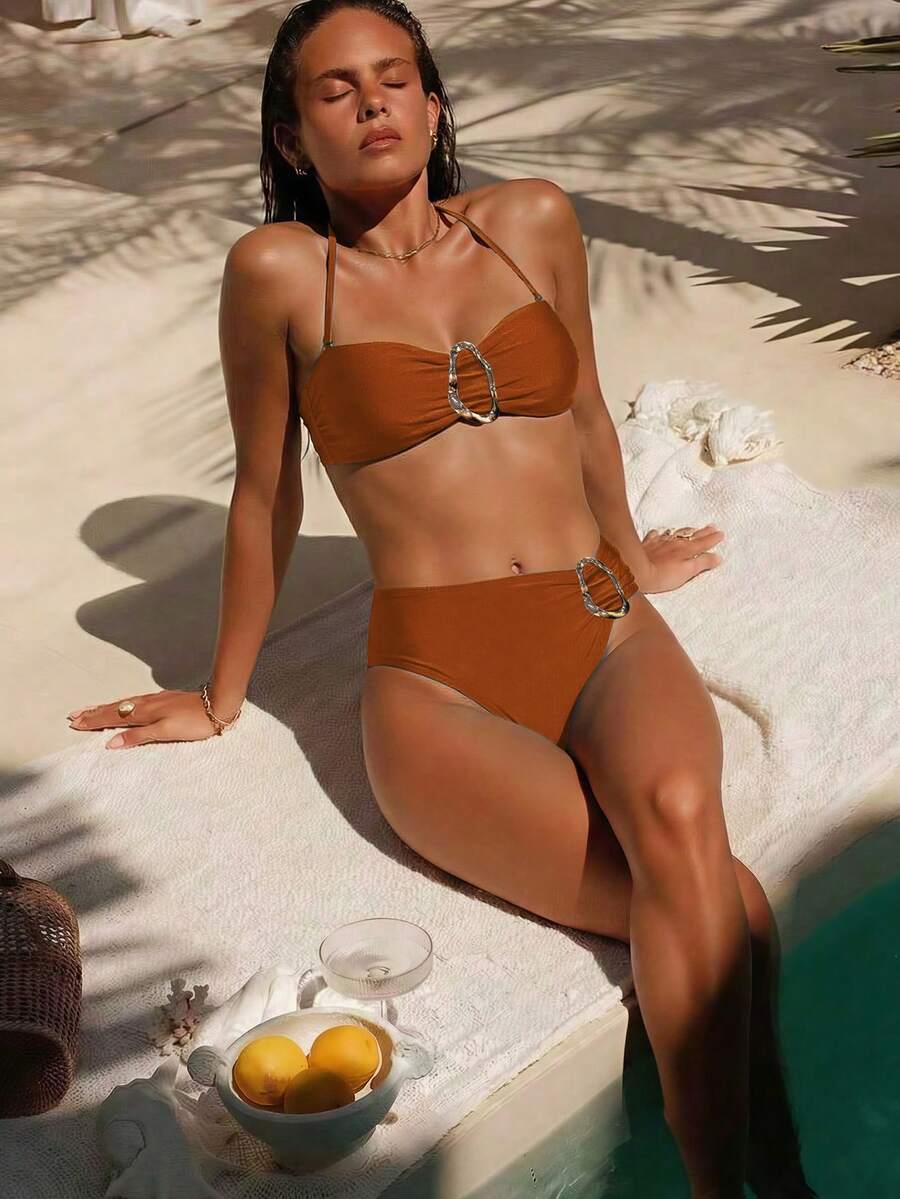 Women's Solid Color Flat Chest Halter Bikini Two Pieces Set, With Metal Accessories In The Middle, Suitable For Island Vacation Beach Summer - Caramel - View 1