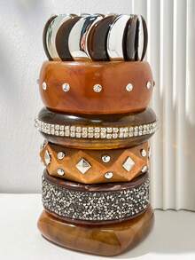 Vintage Amber Pattern Wide Cuff Bracelet Set, Rhinestone & Studded Patchwork Design Layered Bangles, Niche Accessory For Women - Multicolor - View 2