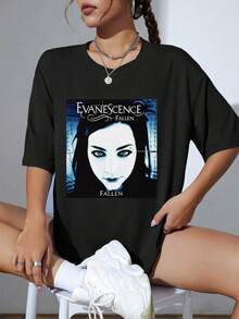 Vintage 00s Gothic Metal Vocalist Graphic T-Shirt Oversized Retro Blue Dark Portrait Print Tee Rocker Summer Top - Black - View 2