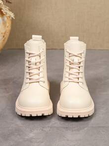 1 Pair Kids' Beige Ankle Boots, Soft PU + Front Lace-Up Design, Casual Cargo Style Style Motorcycle Boots, Suitable For Daily School, Vacation, Autumn/Winter New - Beige - View 3