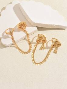 1pc Arabic Vintage Multi-Layer Petal Floral Embossed Bell Dangle Tassel Chain Finger Ring, Women's Wedding Evening Party Celebration Accessory - Yellow Gold - View 3