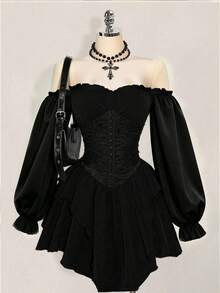 Solid Color Elegant Lace Patchwork Zipper Wedding Women's Black Gothic Lace Dress, Suitable For Halloween, Christmas Party And Witch Theme Cosplay Events - Black - View 3