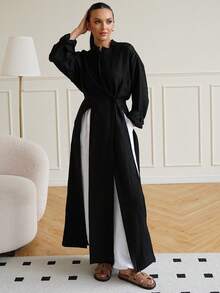 Women's Minimalist Casual Stand Collar Long Sleeve High Slit Robe Top, Solid Color Front Button Waist Tie High Slit To Thigh, Daily Wear And Dating - Black - View 2