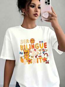 Loose And Colorful Graphic T-Shirt With Bilingual Ser Es Bonito Print For Women, Comfortable Fit, Soft And Comfortable, Ideal Gift For Birthdays, Chri - White 011 - View 1