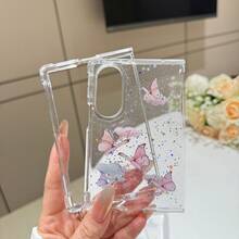 Cute Pink Butterfly Pattern Glitter Transparent Phone Case, Compatible With Samsung Galaxy Z Fold8 Wide Fold8 Back Cover - Pink - View 4