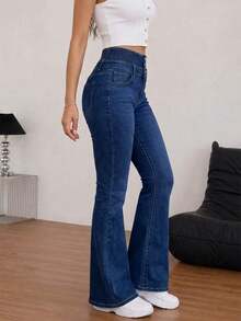 Women Single-Breasted Buttoned Flared Jeans, Slim Fit And High Elasticity Casual Spring Fall - Dark Wash - View 3