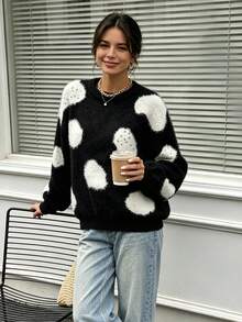 Women's Round Neck Color-Block Cloud Jacquard Drop Shoulder Long Sleeve Loose Knit Pullover With Rhinestone, Soft Plush, Autumn Winter Daily Fashion - Black - View 2