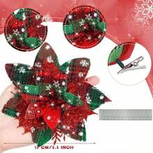 3/12/24pcs Christmas Artificial Poinsettia Branch, Red Green Plaid Fake Flower With Stem, No Clip Floral Pick For Holiday Decor - Red - View 6