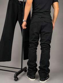Pure Black Vintage Denim Jeans, Distressed Frayed Hem Flared Leg Slimming Long Pants For Men, Street Style Casual Daily Commute Flared Denim Jeans, All-Season Versatile Denim Long Pants - Black - View 4