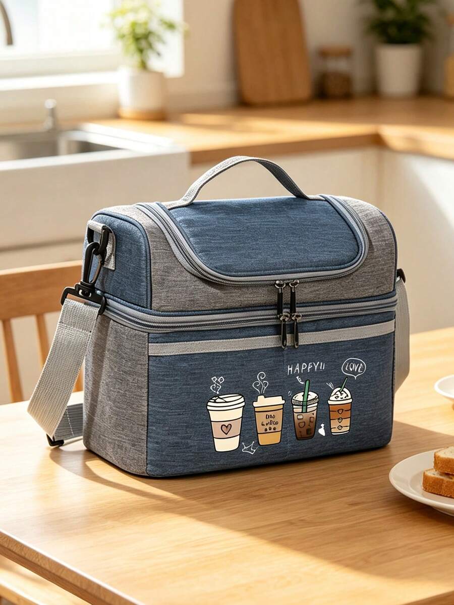 Four Cups Of Coffee Print Lunch Bag With Insulated, Dual-Compartment Lunch Bag With Shoulder Strap, Practical, Versatile Gift For Family And Friends - Multicolor - View 1