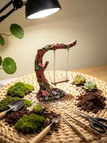 1pc Resin Miniature Tree Branch Swing Ornament, Decorative Mini Swing Statue, Suitable For Succulent Potted Plants, Bonsai, Terrarium DIY, Cute Desktop Decor Prop, Suitable For Dollhouse Scene Setup, Home Office Desktop Decoration, Fairy Garden Accessory, Flower Pot Styling Decoration - Multicolor - View 3
