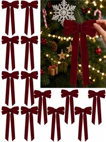 10pcs Burgundy Velvet Bows Christmas Tree Decorations, 5"X10", Suitable For Christmas Tree, Home, Room, Birthday Party, Front Door, Wedding And Other Holiday Decor, Christmas Wreath Bows, Rustic Handmade Gift Bows - Claret - View 2