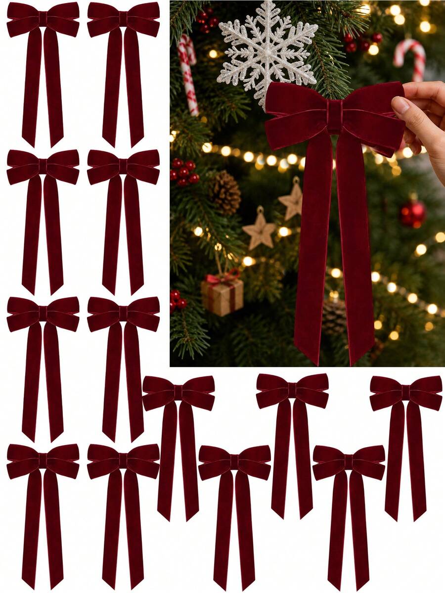 10pcs Burgundy Velvet Bows Christmas Tree Decorations, 5"X10", Suitable For Christmas Tree, Home, Room, Birthday Party, Front Door, Wedding And Other Holiday Decor, Christmas Wreath Bows, Rustic Handmade Gift Bows