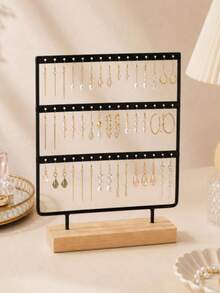 1pc Neutral Detachable Pendant Necklace Display Stand (Wooden Base), Multi-Row Jewelry Storage Rack, Suitable For Earrings, Jewelry, Hoop Earrings And Pendant Earrings, Can Be Placed On Vanity, Suitable For Bedroom And Vanity Use - Gold - View 6