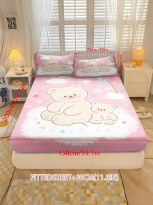 2/3PCS Pink Background Cartoon Bear Fitted Sheet Set Soft Breathable Bedding For All Seasons Twin/Full/Queen 100% Polyester Machine Washable - Multicolor - View 14