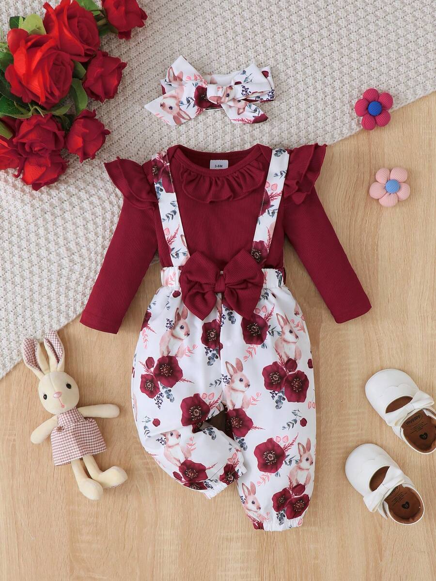Newborn Baby Girl 3pcs Set Burgundy Flutter Sleeve Bodysuit, Pants & Headband Autumn Fashion Outfit - Burgundy - View 1