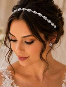 1pc Pearl Rhinestone Headband For Women, Bridal Wedding Headpiece With Crystal And Faux Pearl Detail, Elegant Elastic Hairband For Bride Party Prom - Multicolor - View 7